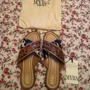 Myra Bag Leather Sandals - Brown and Black Pattern